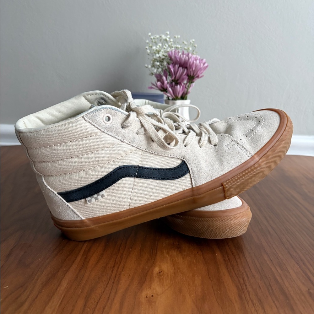 Vans Cream and Blue High-Top Sneakers with Gum Soles